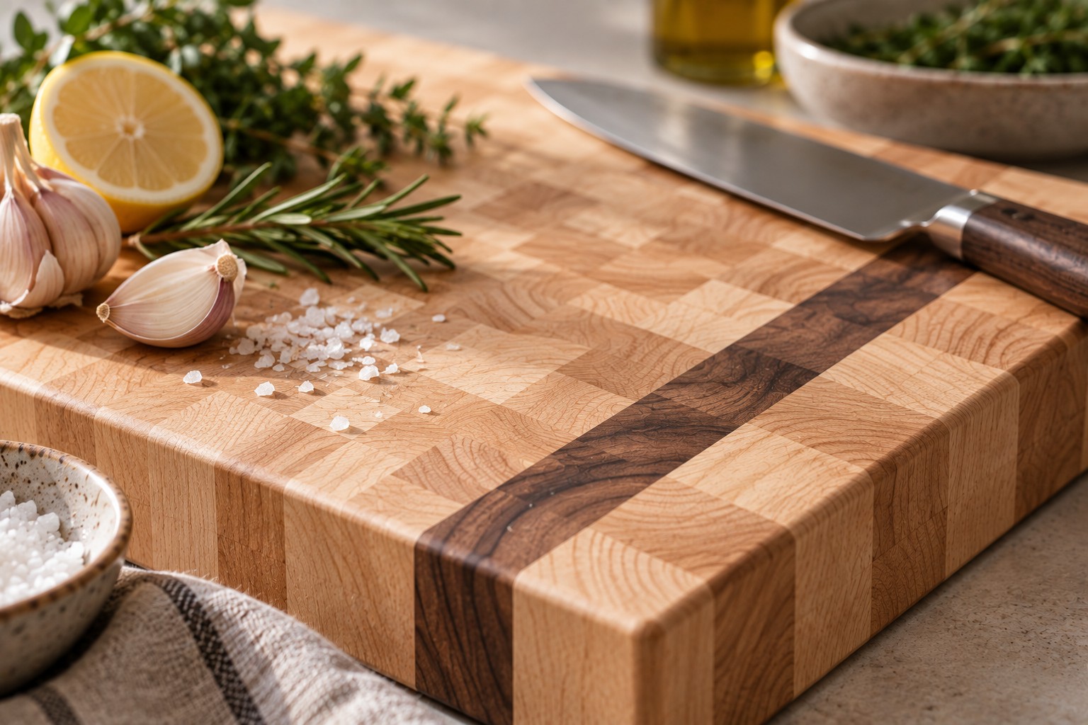 Beech end-grain chopping board with walnut inlay